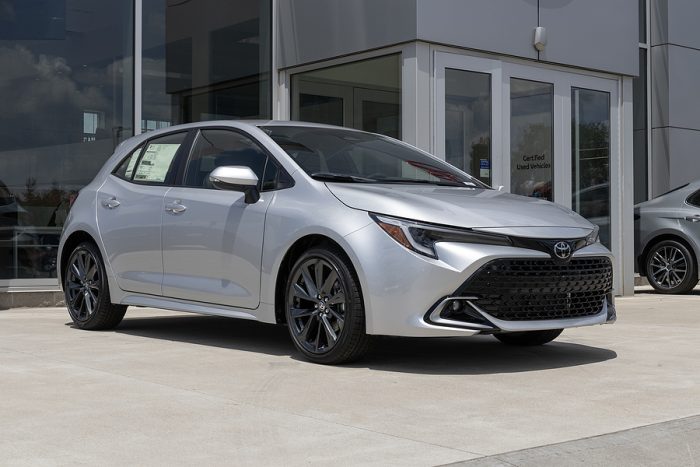 Whitestown - June 24, 2023: Toyota Corolla Hatchback display at a dealership. Toyota offers the Corolla Hatchback in SE and XSE models.